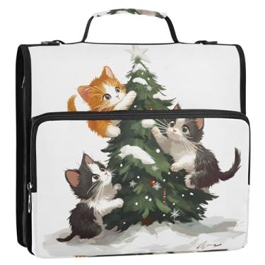 Imagem de Organizador de fichário com zíper, árvore de Natal, gatos fofos, fichários de 3 cm, 3 anéis, fichários resistentes para estudantes com alça, bolsa escolar de ensino médio, estojo portfólio com alça