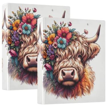 Imagem de Fichário Highland Cow fofo de bezerro de 3,8 cm, 3 anéis, 200 folhas, padrão de caderno, fichário de escritório com 1 pacote