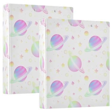 Imagem de Fichários personalizados com 3 anéis de planetas pastel, 3 polegadas, comporta 200 folhas, fichário de prancheta, anel redondo fofo, fichário resistente, 31,5 x 27 x 6 cm, pacote com 2