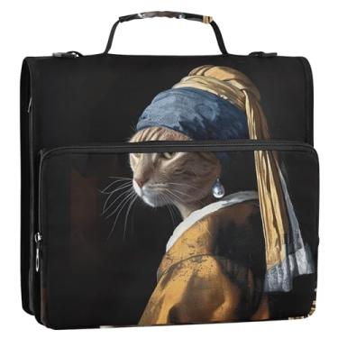 Imagem de Fichários fofos de 3 anéis, anel D de 3,8 cm, gato engraçado com brinco de pérola, organizador de fichário, pasta de portfólio de armazenamento com alça de ombro para escola