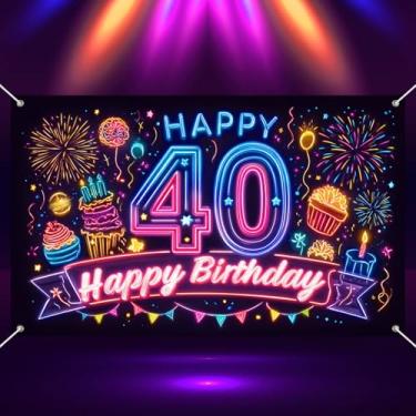 Imagem de HOMETITUTE Banner Neon Happy 40th Birthday 71x43 polegadas fluorescente decoração de fundo de festa colorido cupcake e fogos de artifício design para celebração de aniversário de adultos para eventos
