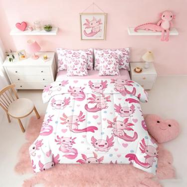 Imagem de Erosebridal Conjunto de edredom Queen Axolotl com 7 peças de desenho animado kawaii, rosa, animais kawaii, para adultos, romântico, vermelho, coração, bolha azul