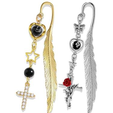 Imagem de Buleens Pacote com 2 marcadores de livro para mulheres que lêem – Marcadores de livros para leitores, marcadores de livro personalizados com cruz gótica, prata gótica com pingentes, acessórios de