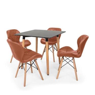 Imagem de Kit Mesa Jantar Eiffel 80x80cm Preta + 04 Cadeiras Slim - Marrom - Mag