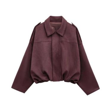 Imagem de Jaqueta Bomber Feminina De Camurça Manga Longa Gola Dobrável Vintage S