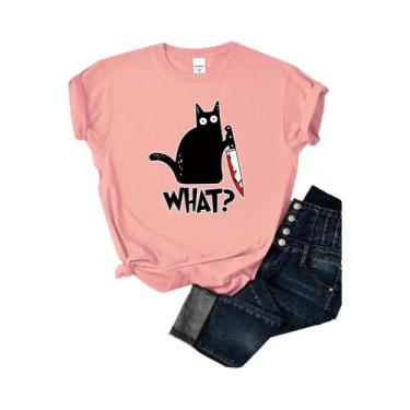 Imagem de Camiseta Feminina De Verão Com Estampa De Gato Preto, Manga Curta, Mod