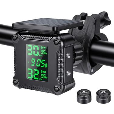 Imagem de LNKERCO Sistema de alarme de monitoramento de pressão de pneu de motocicleta com carga solar, TPMS de motocicleta com 2 sensores externos, visor digital LCD, carregamento USB, alarme de temperatura do