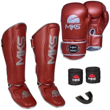Imagem de Kit Luva de Boxe Feminina + Caneleira Muay Thai Kickboxing + Bandagem + Protetor Bucal - Energy Vermelho MKS Combat (LUVA 16oz + CANELEIRA P)