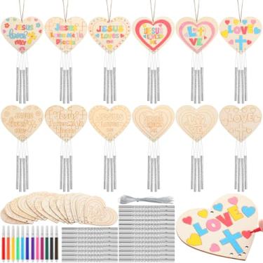 Imagem de Blueweenly 24 peças de artesanato cristão de madeira para crianças Bíblia religiosa Vbs domingo escola artesanato Jesus Loves Me ornamento DIY kit de sino de vento com marcador para decoração de festa