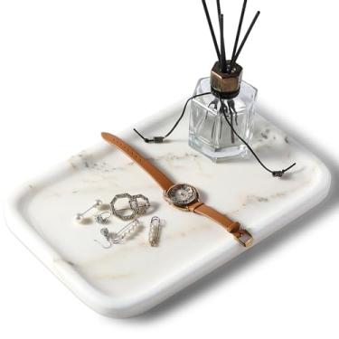 Imagem de Koville Bandeja organizadora de mármore de 30,5 x 20,3 cm para cômoda de cozinha de bancada, banheiro e cozinha, prato de joias decorativo retangular para bugigangas de perfume de cosméticos (branca)