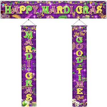 Imagem de Banner de porta de decoração de carnaval - 180 cm x 30 cm Sinal de varanda roxo banner de quintal pendurar na porta, Happy Mardi Gras Let the Good Time Roll Banner externo para decoração temática de