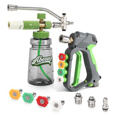 Imagem de ABOSUN Kit de canhão de espuma para lavadora de pressão, pistola de espuma de neve de conector duplo com pistola de pulverização curta, 5 pontas de bocal, adaptadores M22-14 mm e M22-15 mm, conexão