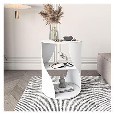 Imagem de Mesa de canto moderna de metal com mesa de pedra sinterizada, mesa lateral redonda moderna com prateleiras de armazenamento, mesa de destaque simples (branca)