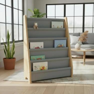 Imagem de Estante De Livro Infantil Montessoriano Madeira 5 Bolsos(G Tecido Cinza)