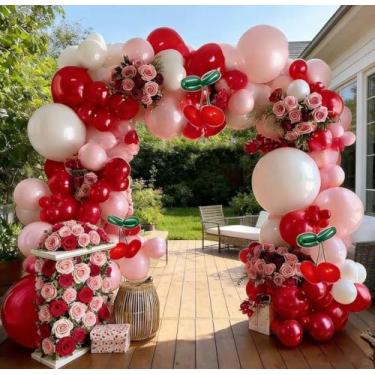 Imagem de Conjunto de kit de arco de balões vermelhos e rosa e branco, vermelho escuro, para aniversário, dia das mães, dia dos namorados, noivado, aniversário, chá de panela, decorações de festa