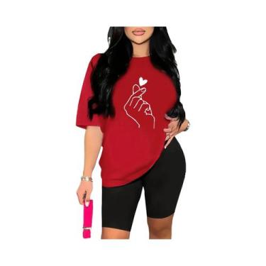 Imagem de Camiseta Casual Feminina De Verão Com Estampa De Coração, Manga Curta 