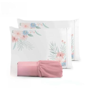 Imagem de Kit Jogo De Cama Lençol Liso Fronha Estampada Micropercal 400 Fios Ponto Palito(Flor Rosê Lençol Rosê,Casal King 03 Peças)
