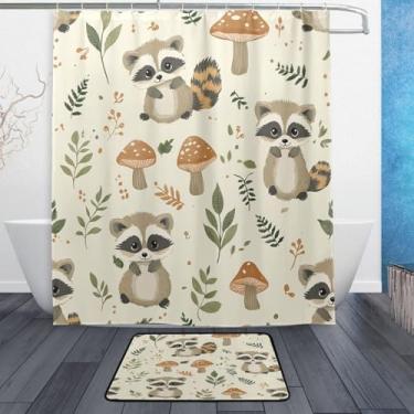 Imagem de xigua Lindos tapetes de cortina de banho guaxinins conjuntos de 2 peças, conjunto temático de banheiro (152 x 182 cm) com cortina de chuveiro e tapete antiderrapante -12 ganchos512