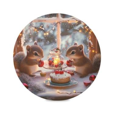 Imagem de STAYTOP Esquilos celebram o Natal jogo americano redondo 6 peças, tapetes de mesa antiderrapantes fáceis de limpar para decoração de mesa de festa de churrasco em casa