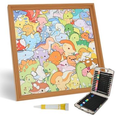 Imagem de Quebra-cabeça de madeira de monstro de dinossauro, quebra-cabeça para colorir de madeira com moldura, pintura faça você mesmo com 24 marcadores para conjunto de brinquedos educativos de aprendizagem