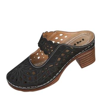 Imagem de Sandálias femininas casuais Baotou com meio chinelo grosso design de salto plataforma calçado confortável para atividades de lazer, Preto, 38