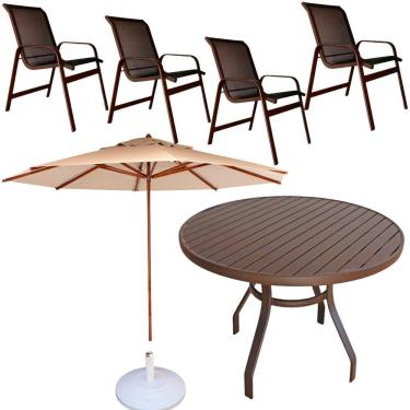 Imagem de Conjunto Lótus Com Mesa 90cm Ripada 4 Poltronas Ombrelone 3,00m Com Base Marrom