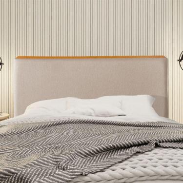 Imagem de Cabeceira Cama Box King 1,93m Estofada Detalhe Em Madeira Java Linho Bege