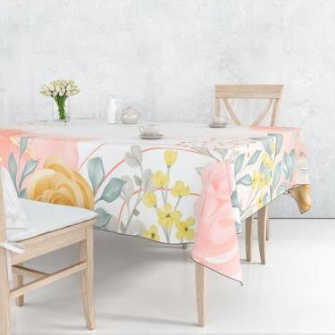 Imagem de Toalha De Mesa Retangular 6 Lugares Tecido Oxford Rosas Amarelas e Ros