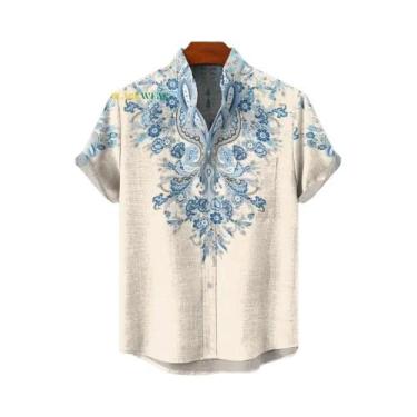 Imagem de Camisa Muçulmana Masculina Retrô Com Estampa Tribal Africana Em Linho,
