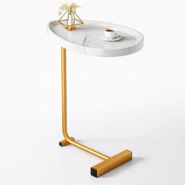 Imagem de Mesa Lateral Vitino Siena Gold Tampo MDF Oval Marmorizado Base Dourada