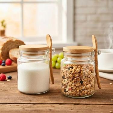 Imagem de Jogo com 2 Potes de Vidro 250ml c/ Tampa Bambu e Colher - Hauskraft