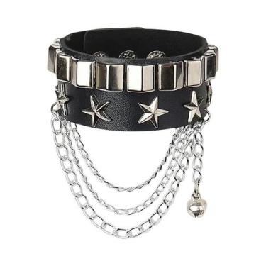 Imagem de Pulseira De Couro PU Preta Feminina Com Rebites Pontiagudos Estilo Pun