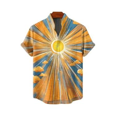 Imagem de Camisa Masculina Vintage De Linho Com Estampa De Sol, Manga Curta, Ver