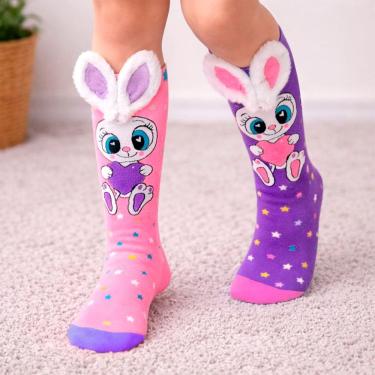 Imagem de Meia Maluca Cano Longo Infantil Divertida Coelho 3D Colorida