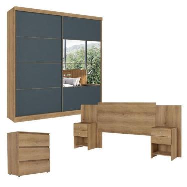 Imagem de Guarda Roupa Casal Malaga Glass 2 Portas Capuccino Azul Com Cômoda Gaveteiro Condessa E Cabeceira Formosa Capuccino- Thb