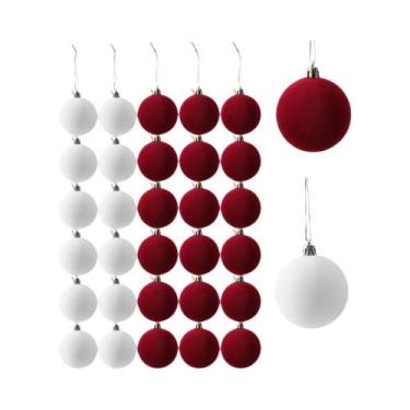 Imagem de Bolas De Natal Em Veludo Branco E Vermelho Vinho 6cm, Enfeites Flocado