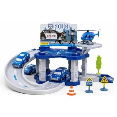 Imagem de Estação Policial Infantil Com Carrinho E Helicóptero Pista Azul Branca