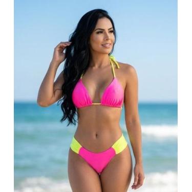 Imagem de Biquini Cortininha Com Calcinha Fio Duplo Borboleta, Rosa c/ Amarelo -