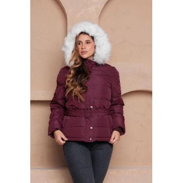 Imagem de Jaqueta Feminina Puffer com Cinto e Capuz Peluciado Forrada COR:VINHOT