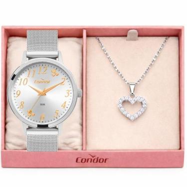 Imagem de Kit Relógio Condor Feminino Prata Mash + Colar Semijoias Co2035ndq