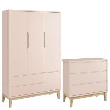 Imagem de Cômoda Gaveteiro e Guarda Roupa Infantil 3 Portas New Classic Rosa com