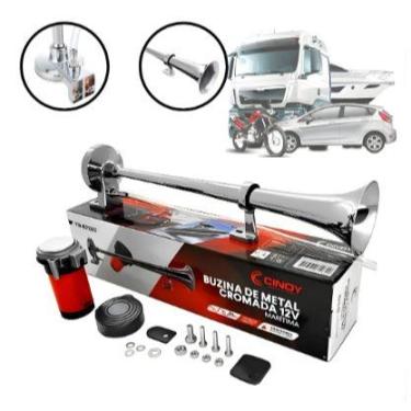 Imagem de Buzina CINOY Ar C/ Compressor 12v Metal Cromada Marítima Caminhão - El