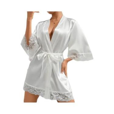 Imagem de Roupão Elegante De Cetim Com Renda Para Mulheres, Decote Em V, Com Cin
