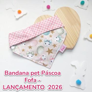 Imagem de Bandana Pet Páscoa Dupla Face Coelhinhos Fofos Xadrez Rosa Cachorro e 