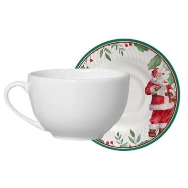 Imagem de Xícara de Chá com Pires Natal Azevinho Plus Papai Noel 300ml Conjunto 2 Peças Cerâmica Branco Alleanza