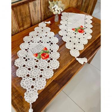 Imagem de Caminho de Mesa Crochê de Algodão com Bordado Floral Artesanal 1M X 45CM Laranja