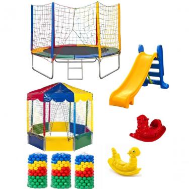 Imagem de Kit Festas Infantil Cama Elástica 2,44M Piscina de Bolinhas 2,00M Escorregador 2 Gangorras Rotoplay Brinquedos