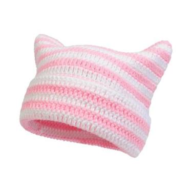 Imagem de Gorro Feminino Quente De Crochê Com Orelhas De Gato Em Acrílico, Estil