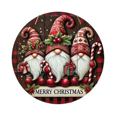 Imagem de Placa De Madeira Feliz Natal 2D Com Gnomo E Boneco De Neve Para Pendur