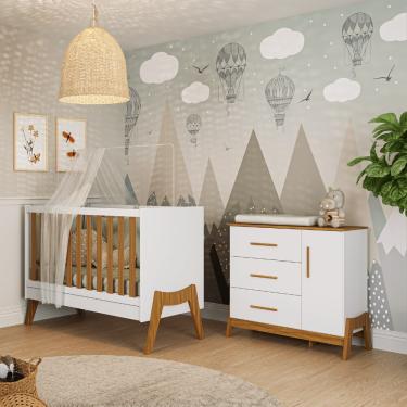 Imagem de Berço 5x1 e Cômoda Retro Moveis Peroba Guti MDF Branco Amêndoa